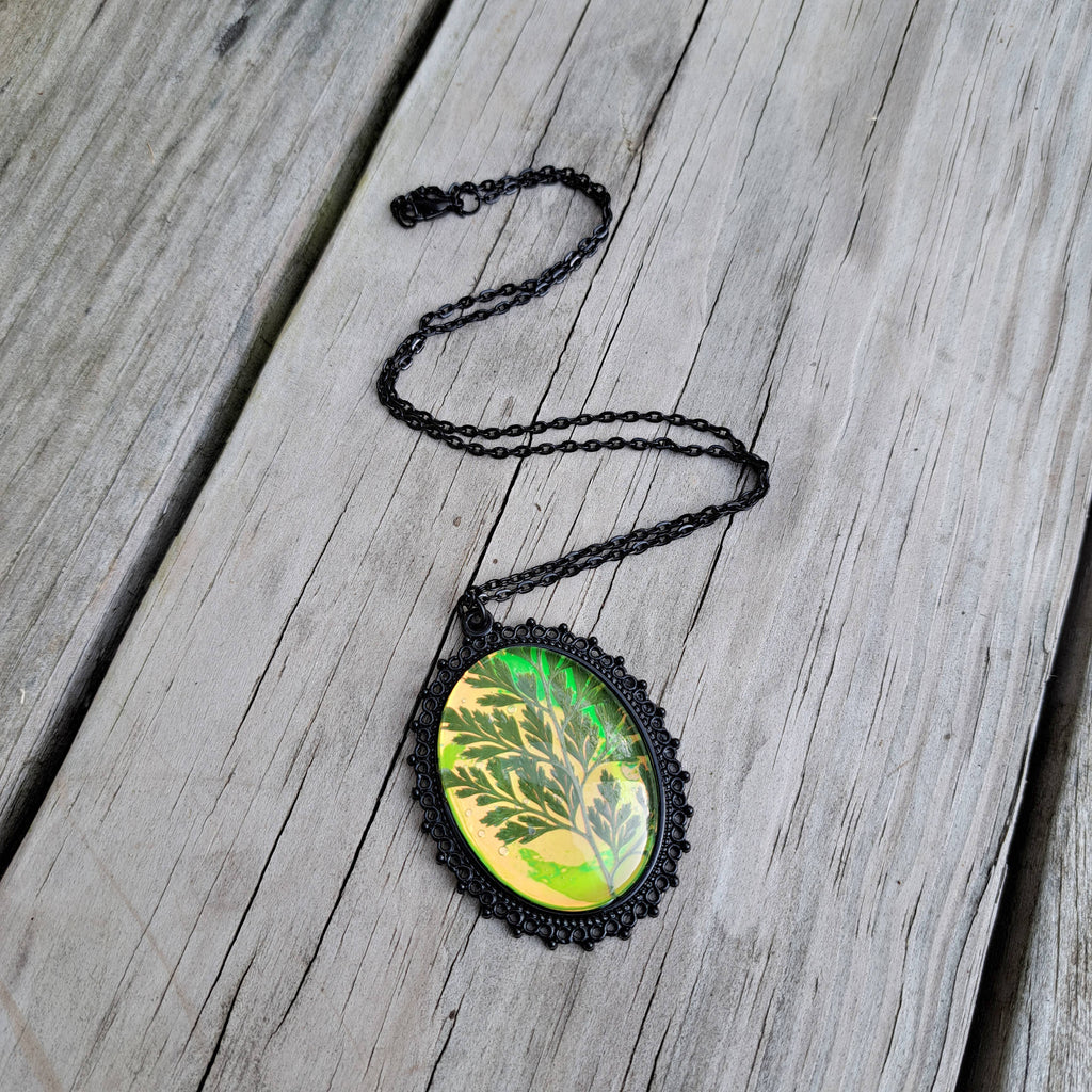 Green Holographic Pressed Fern Necklaces
