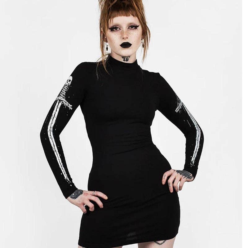 Skeleton Sword Print Long Sleeve Mini Dress for Casual Wear
