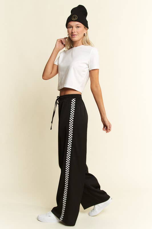 SOLID SATIN SWEATPANTS WITH SIDE CHECKERBOARD TAPE