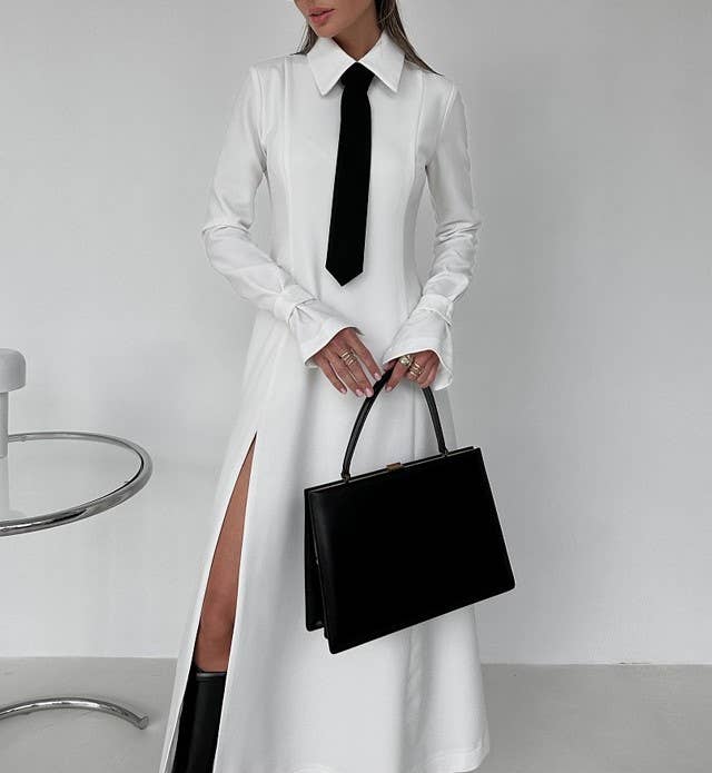 Necktie dress with lapel slit