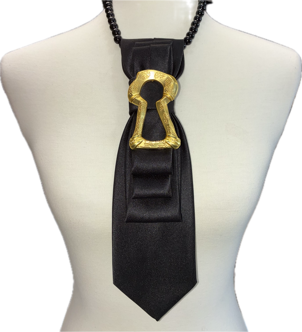 Custom Necktie Necklace - Black w Designer Keyhole Brooch 