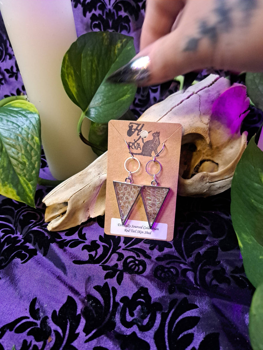 Snakeskin Shed Silver Tone Triangle (Earrings)