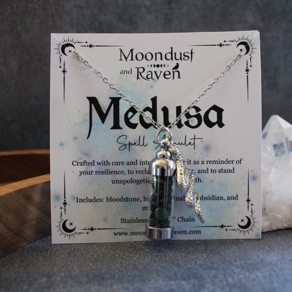 Medusa Spell Jar Amulet Necklace, Witchy Crystal Jewelry