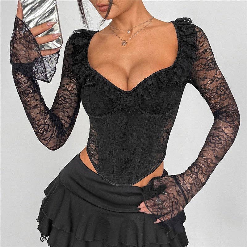 Solid Color Slim Fit Lace Underwire Corset Top