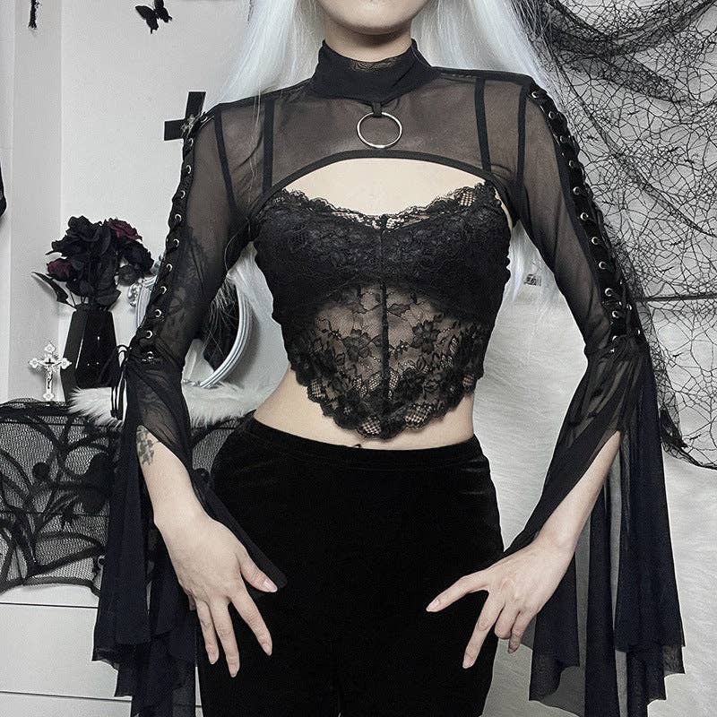 Black Sheer Mesh Long Sleeve Top with Ruffled Sleeves
