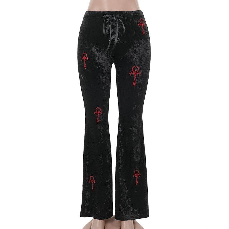 Women Fashion Casual Gothic Cross Embroidered Pants
