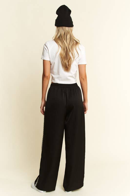 SOLID SATIN SWEATPANTS WITH SIDE CHECKERBOARD TAPE