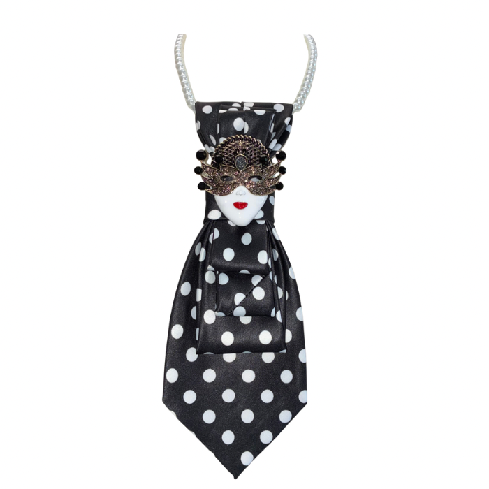 Custom Necktie Necklace - Black White Dot w Mask Brooch 