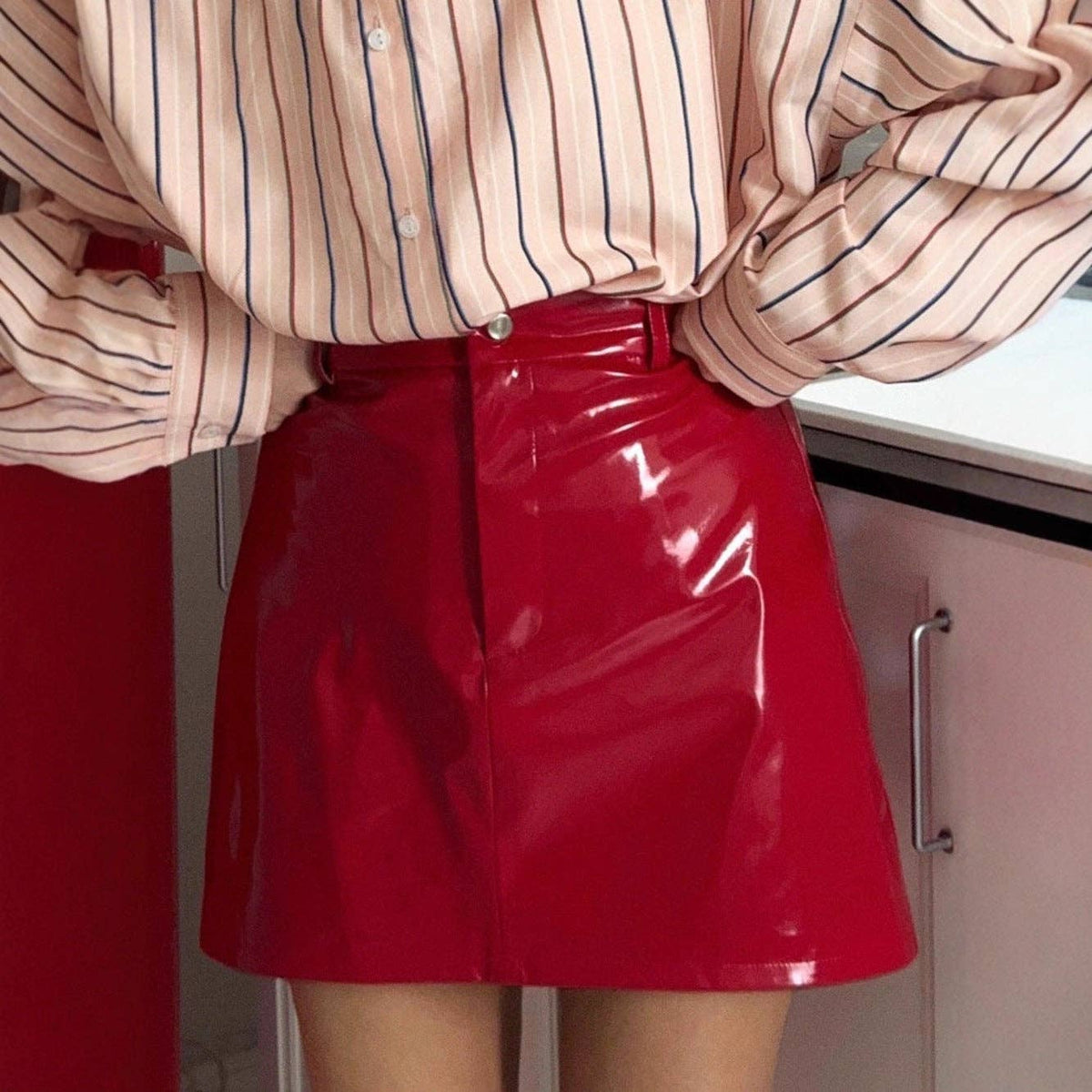 Red PU Leather Bodycon Mini Skirt Trendy Casual
