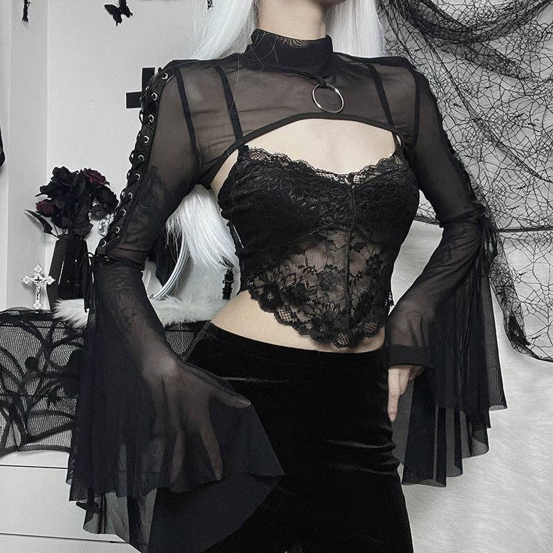 Black Sheer Mesh Long Sleeve Top with Ruffled Sleeves