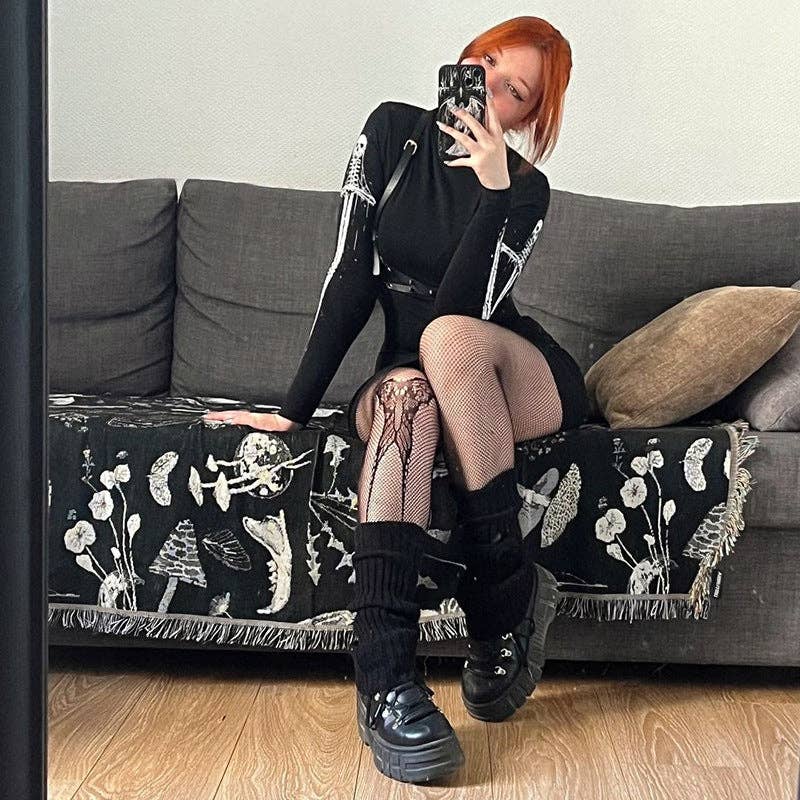 Skeleton Sword Print Long Sleeve Mini Dress for Casual Wear