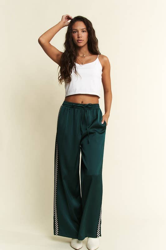 SOLID SATIN SWEATPANTS WITH SIDE CHECKERBOARD TAPE