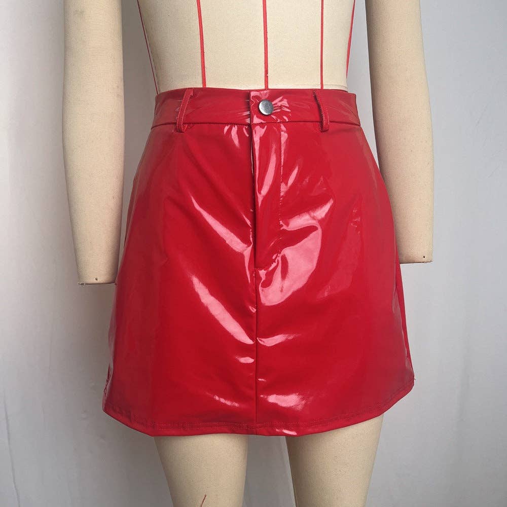 Red PU Leather Bodycon Mini Skirt Trendy Casual