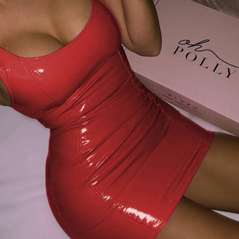 Plain Color PU Leather Bodycon Mini Dress for Women