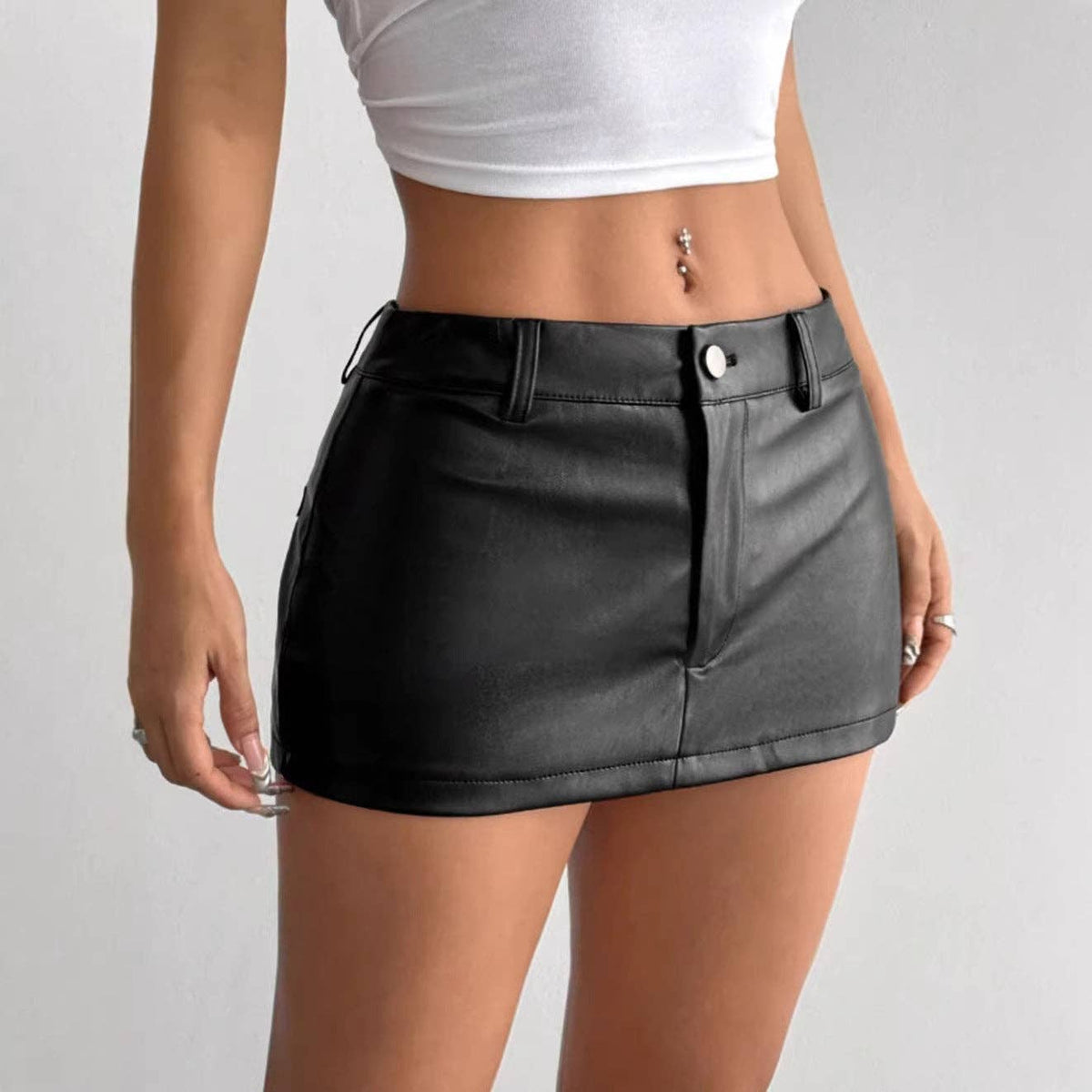 Black PU Leather Bodycon Mini Skirt for Women
