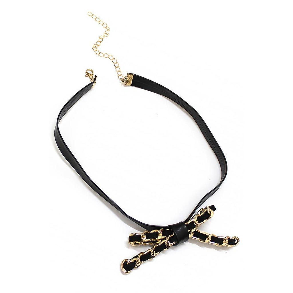FAUX LEATHER CHAIN BOW PENDANT CHOKER