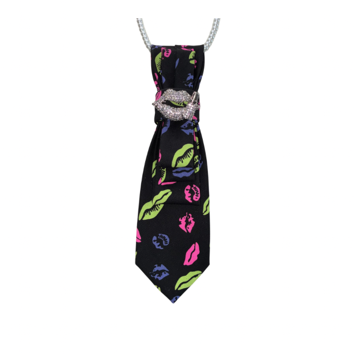 Custom Necktie Necklace - Black Lip Print w Lip Brooch