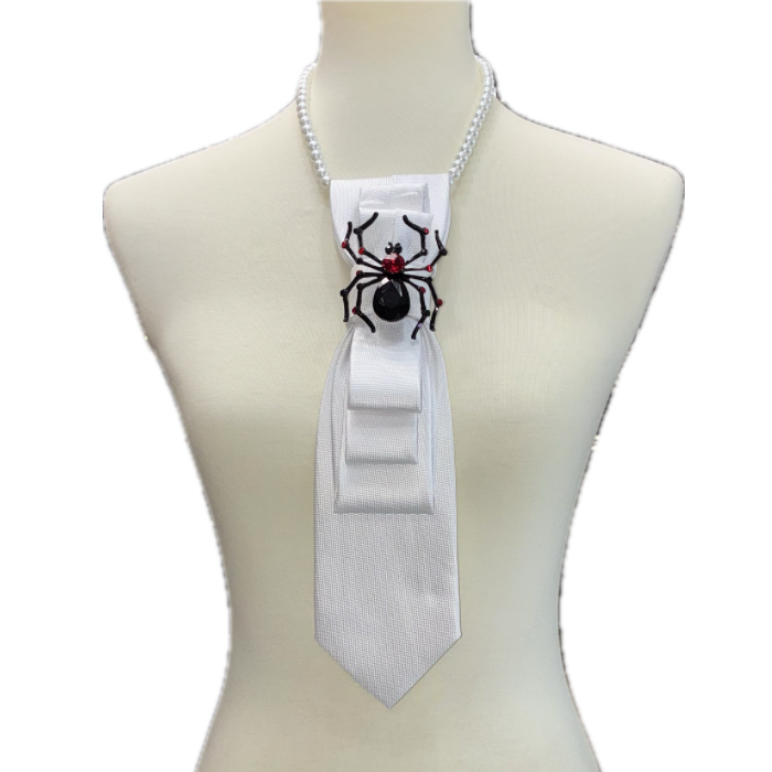 Custom Necktie Necklace - White Textured with Black Spider 