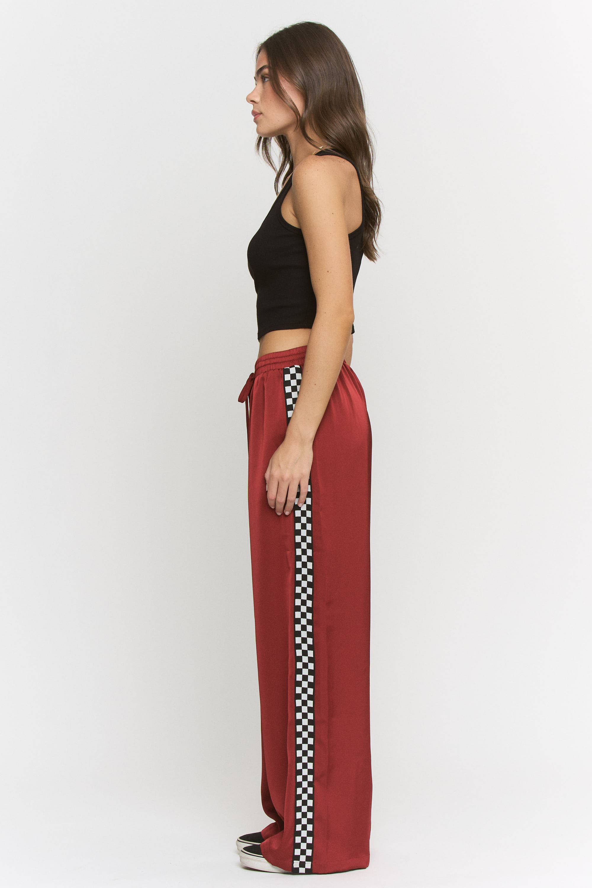 SOLID SATIN SWEATPANTS WITH SIDE CHECKERBOARD TAPE