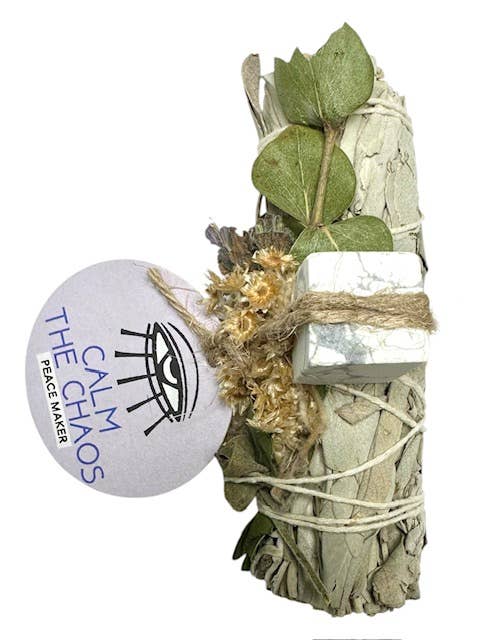 "CALM THE CHAOS' Ritual Peace Smudge Wand (Sage + Howlite)