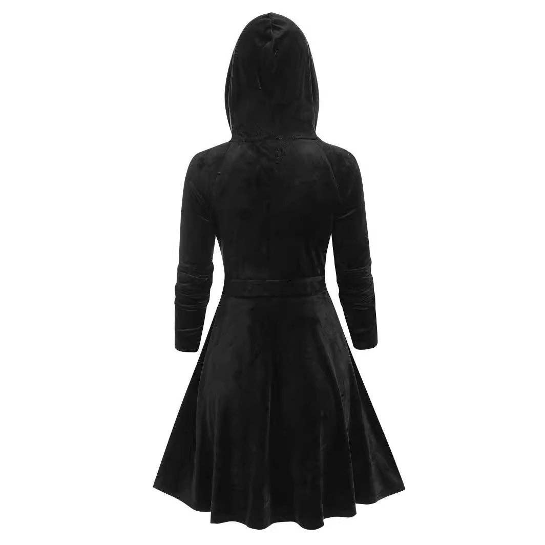 Gothic Velvet Stitching Long-Sleeve Hooded Dress
