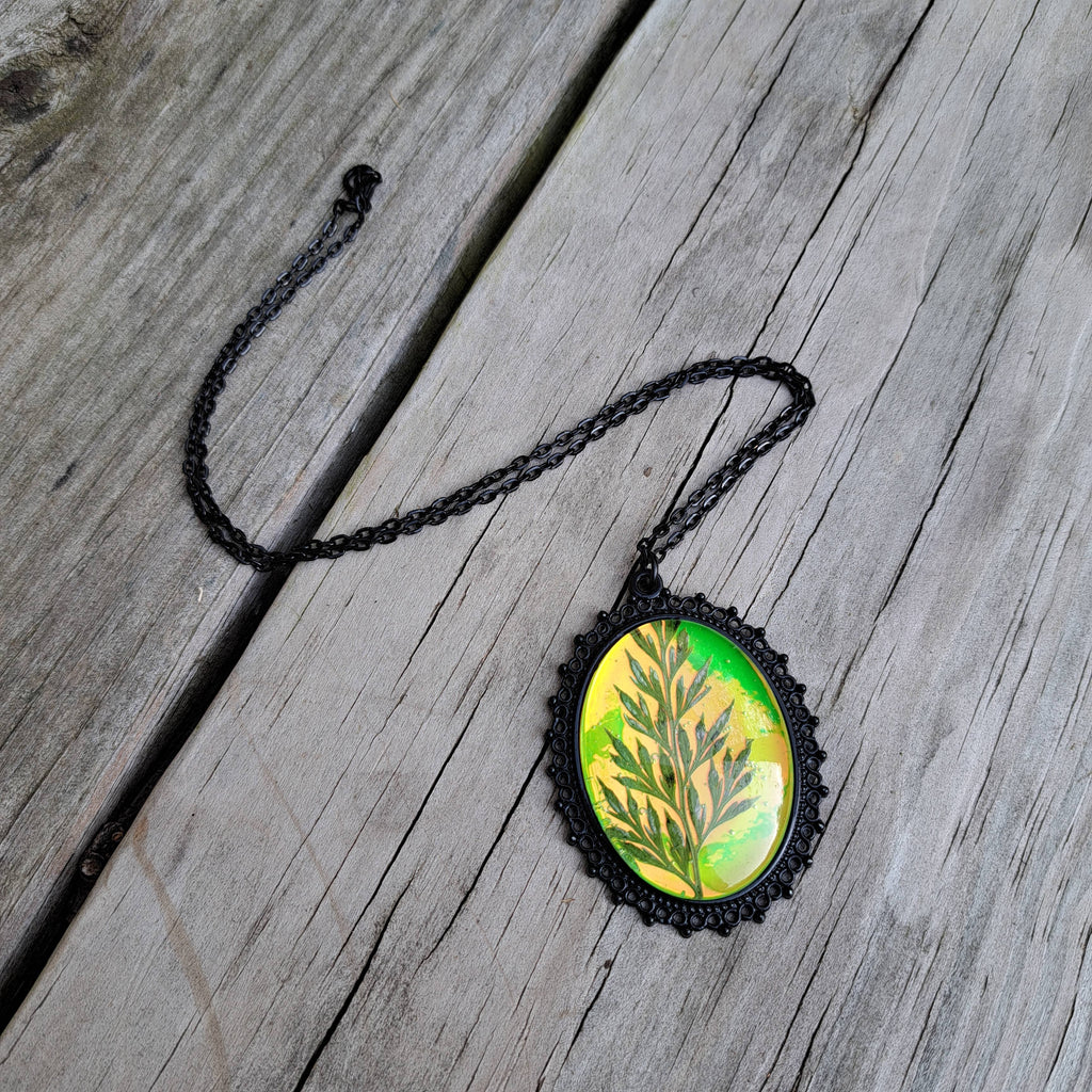 Green Holographic Pressed Fern Necklaces