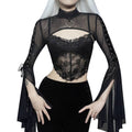 Black Sheer Mesh Long Sleeve Top with Ruffled Sleeves