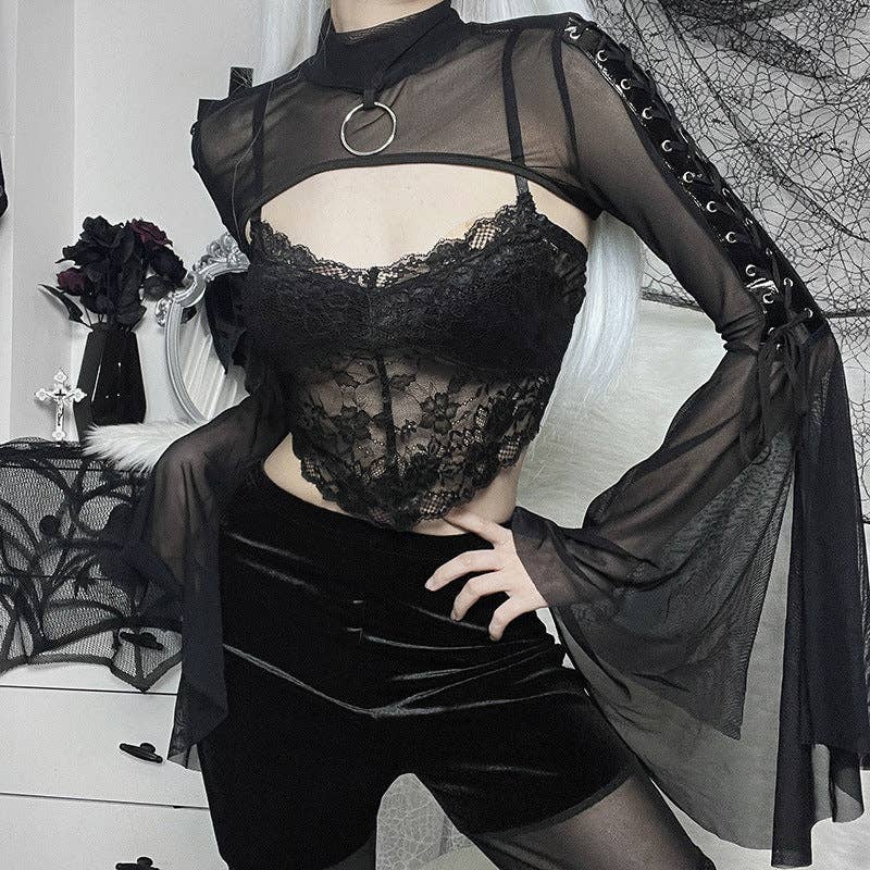 Black Sheer Mesh Long Sleeve Top with Ruffled Sleeves