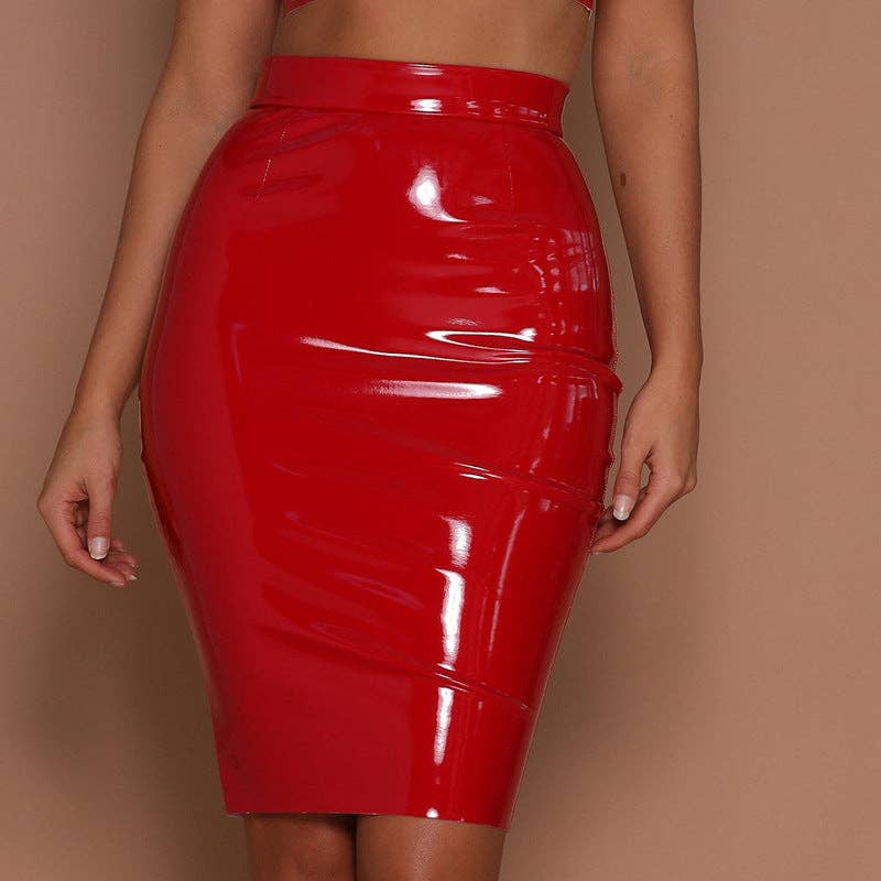 Glossy Leather Bodycon Skirt Stylish Waist-Defining Midi Skirt