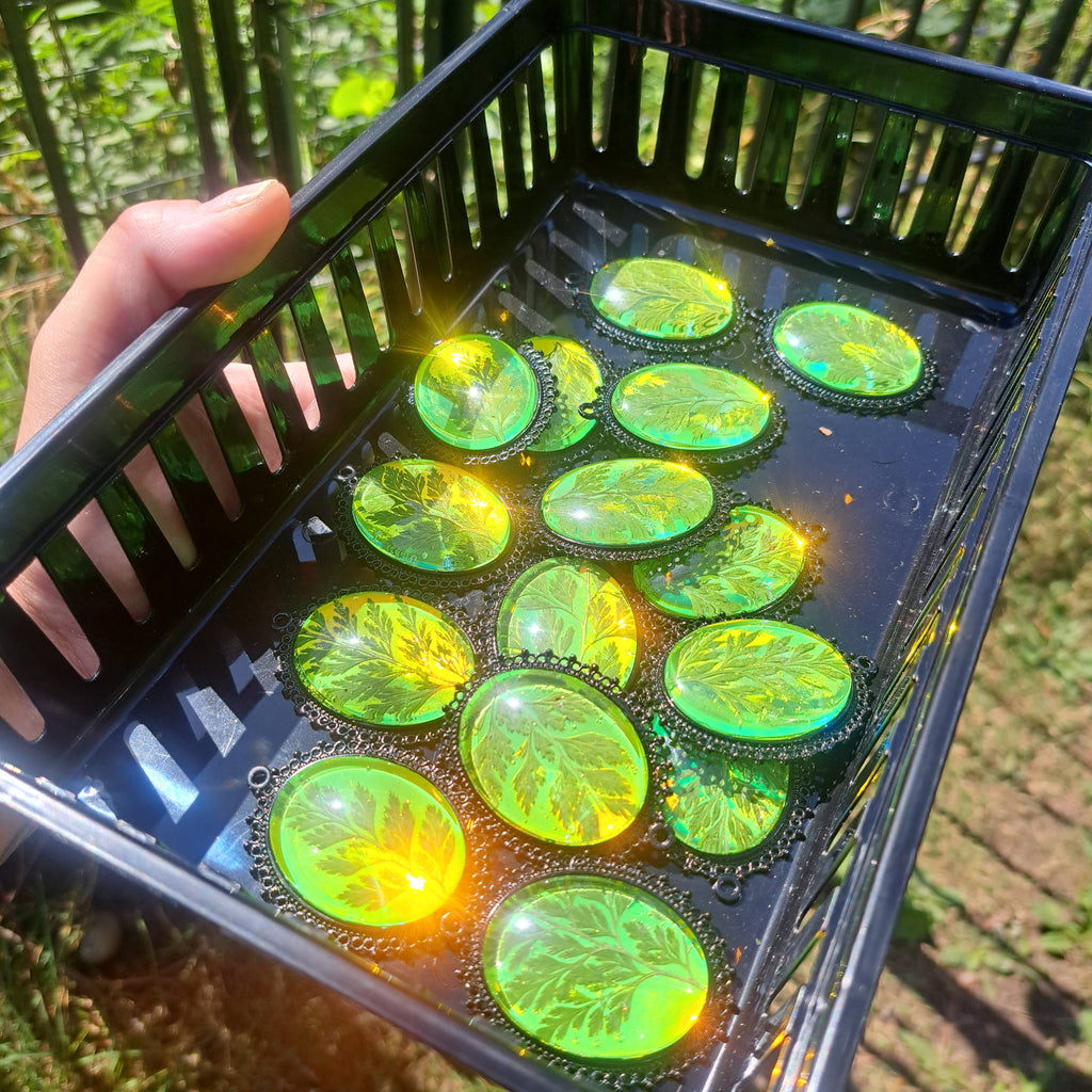 Green Holographic Pressed Fern Necklaces