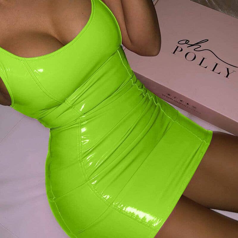 Plain Color PU Leather Bodycon Mini Dress for Women
