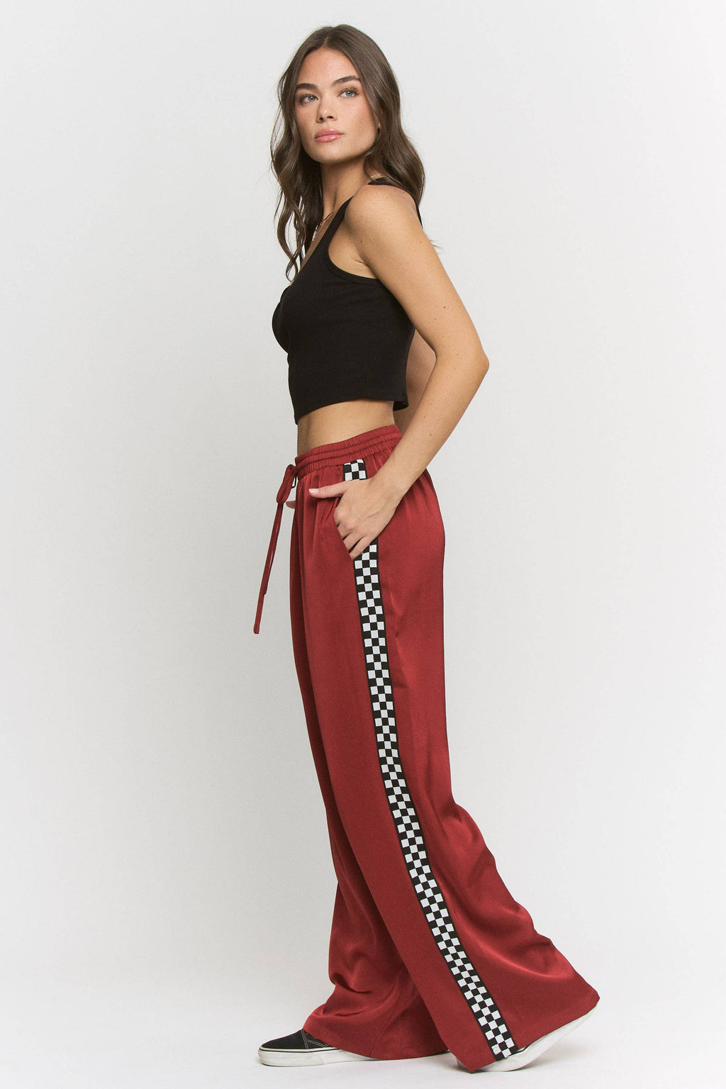 SOLID SATIN SWEATPANTS WITH SIDE CHECKERBOARD TAPE