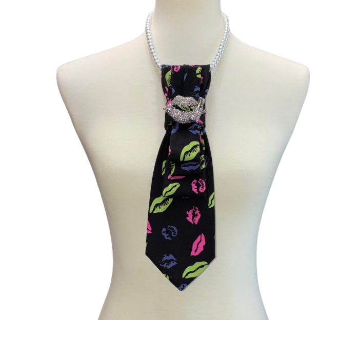 Custom Necktie Necklace - Black Lip Print w Lip Brooch