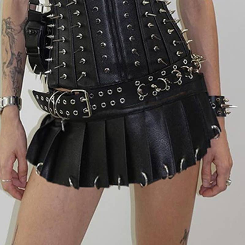 Women Gothic Fashion Pu Punk Pleated Skirt