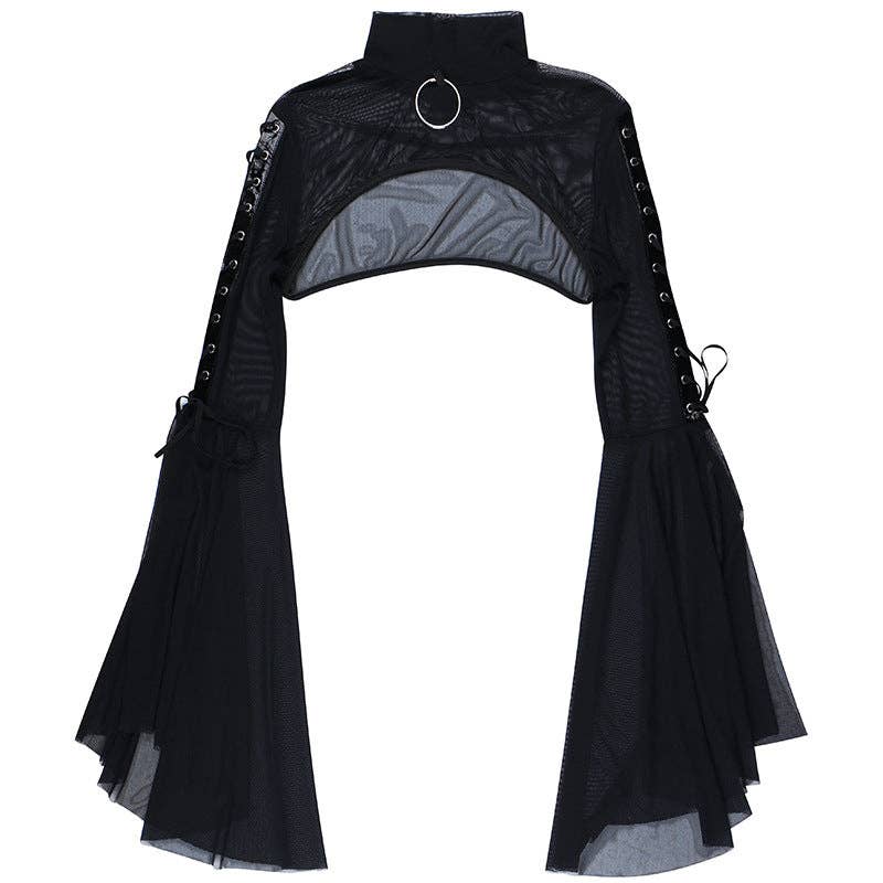 Black Sheer Mesh Long Sleeve Top with Ruffled Sleeves