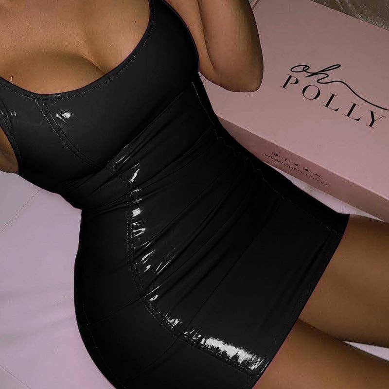 Plain Color PU Leather Bodycon Mini Dress for Women