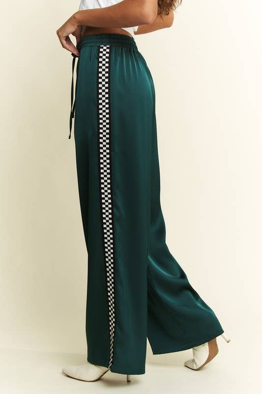 SOLID SATIN SWEATPANTS WITH SIDE CHECKERBOARD TAPE