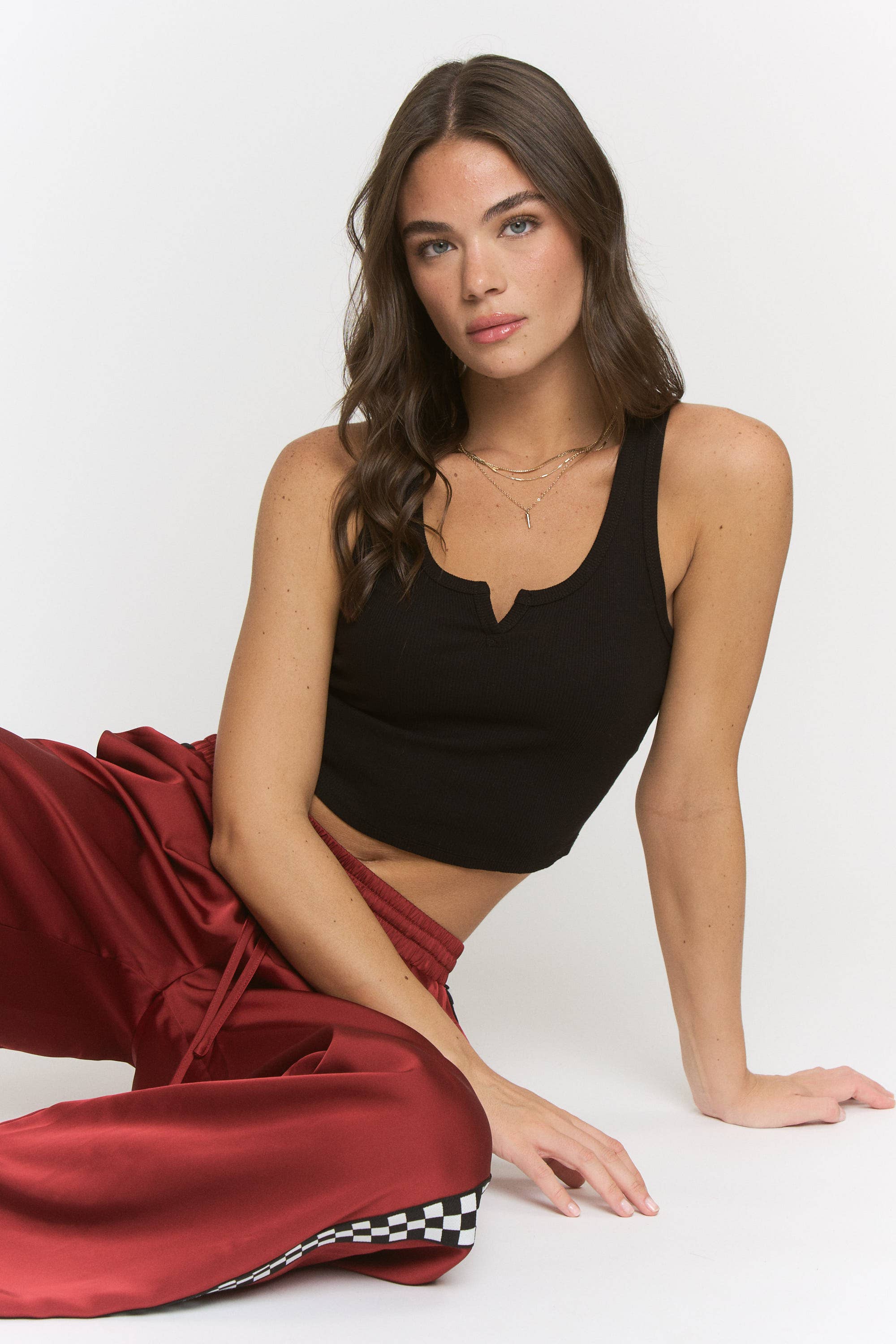 SOLID SATIN SWEATPANTS WITH SIDE CHECKERBOARD TAPE