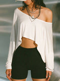 Long Sleeves Loose Solid Color One-Shoulder T-Shirts Tops