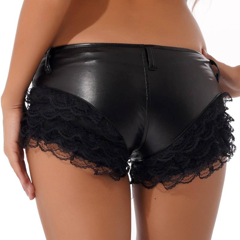 LACE RUFFLED FAUX LEATHER MICRO SHORTS