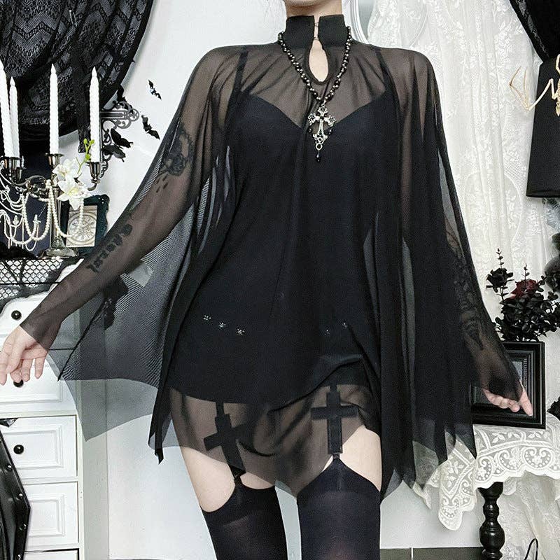 Black Camisole Playsuit With Mesh Cape Trendy Party Outfit
