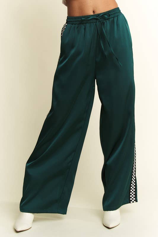 SOLID SATIN SWEATPANTS WITH SIDE CHECKERBOARD TAPE