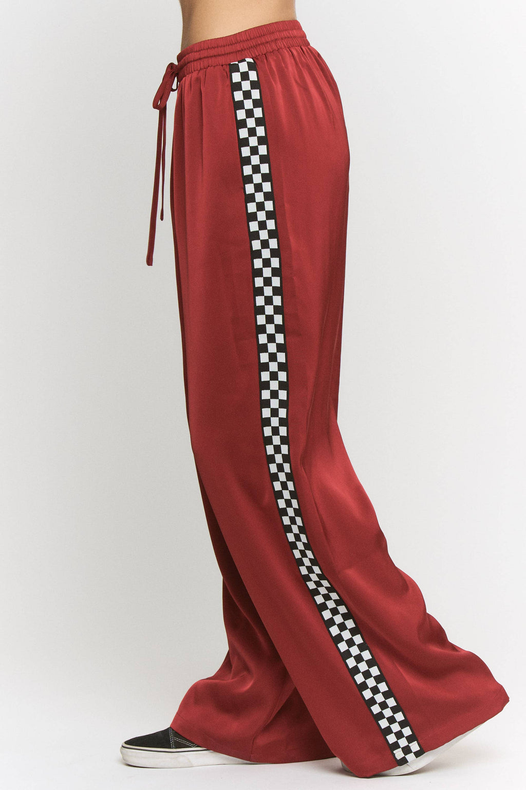 SOLID SATIN SWEATPANTS WITH SIDE CHECKERBOARD TAPE