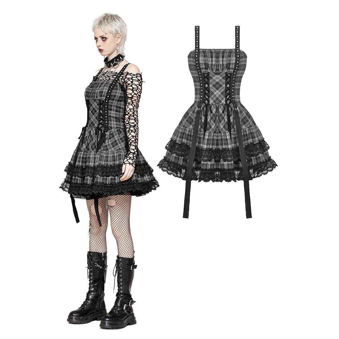 DW1051 – Plaid ruffle lace strap dress-Black/gry