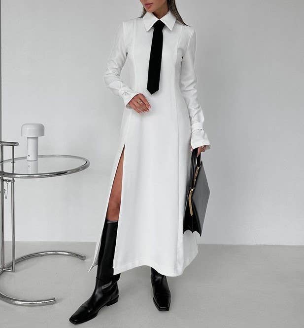 Necktie dress with lapel slit