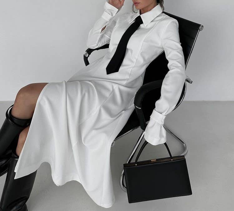 Necktie dress with lapel slit