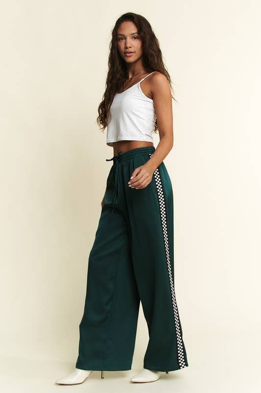 SOLID SATIN SWEATPANTS WITH SIDE CHECKERBOARD TAPE