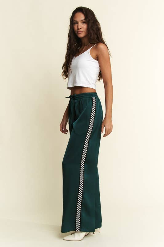 SOLID SATIN SWEATPANTS WITH SIDE CHECKERBOARD TAPE