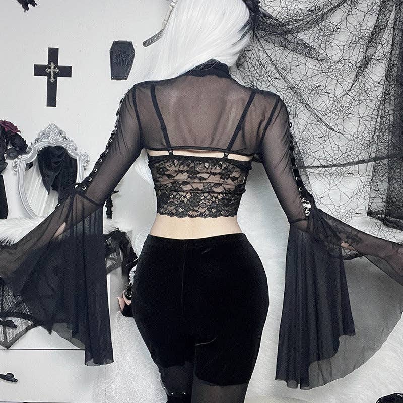 Black Sheer Mesh Long Sleeve Top with Ruffled Sleeves
