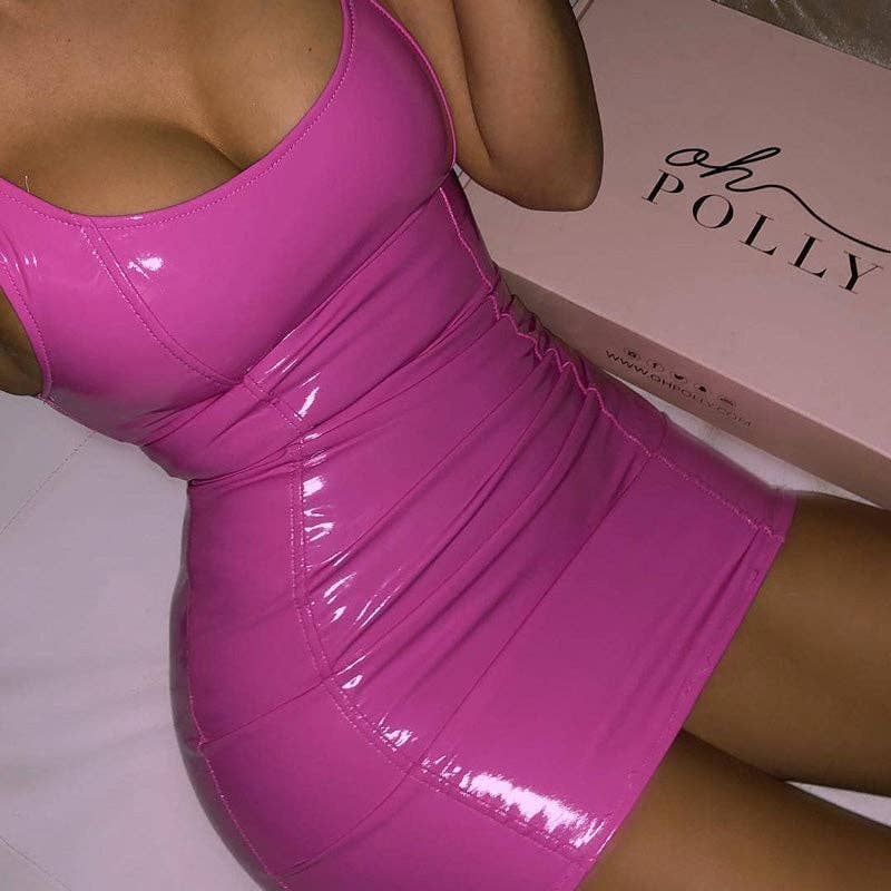 Plain Color PU Leather Bodycon Mini Dress for Women